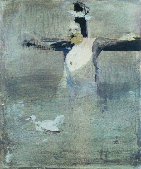 Siegfried Anzinger, Kreuzigung und Taufe, 2000, Leimfarbe auf Leinwand