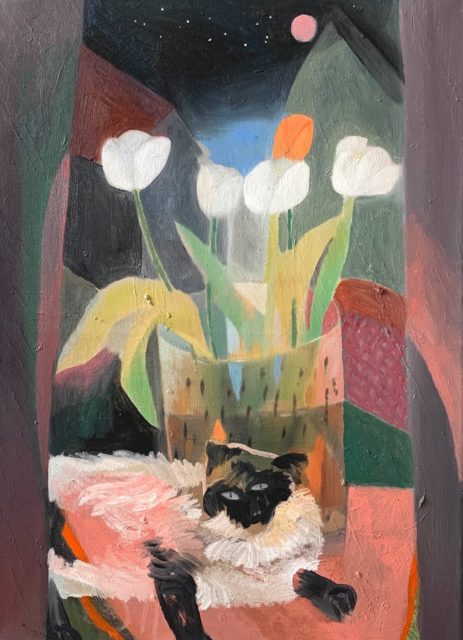 Jiongji Wang, Täglich-Tulpe und Katze, Öl auf Leinwand, 2022 © Künstler
